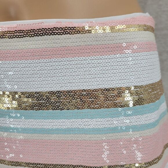 Storia Pastel Pink Blue White Gold Striped Sequin Mini A-line Skirt - Picture 3 of 10